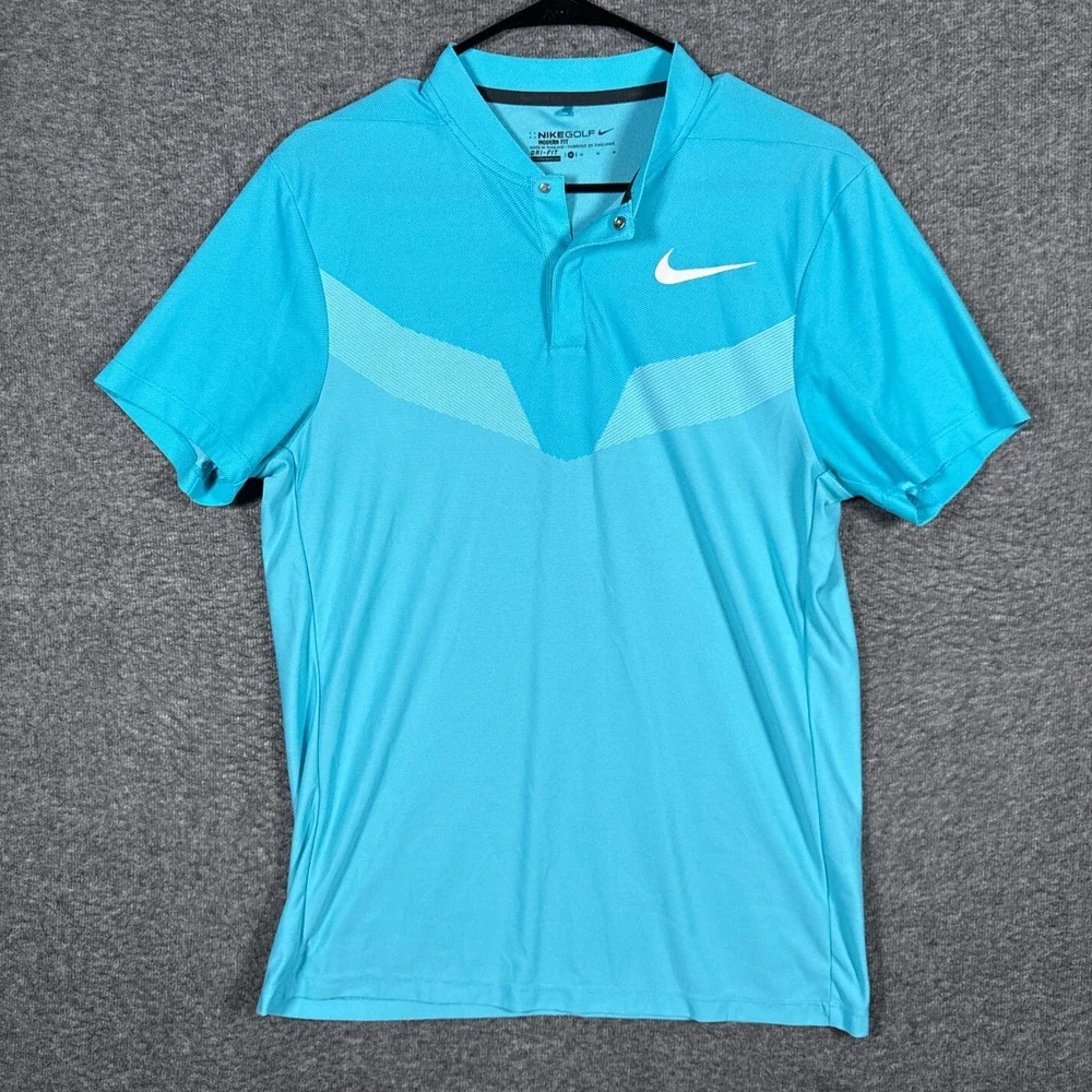 Nike Golf Polo Shirt Mens Medium Blue Dri-Fit Modern Blade Collar Snap Chevron